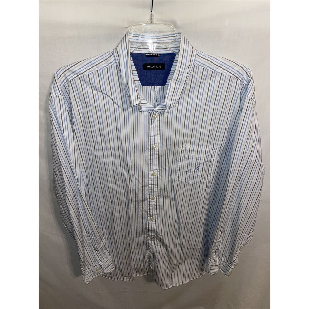 Nautica Dress Shirt Men’s Size 2XL White Striped Long Sleeve Button Up